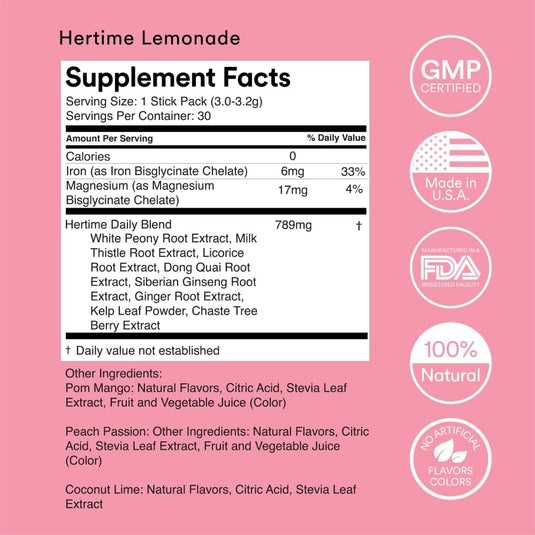 Hertime - Hormone Balance for Women - PMS & Menstrual Relief - with Minerals, Peony Roots, Siberian Ginseng & More - Supplement for Women - 15 Drink Packets - Sugar Free - Strawberry Lemonade