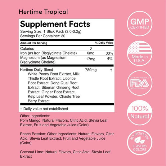 Hertime - Hormone Balance for Women - PMS & Menstrual Relief - with Minerals, Peony Roots, Siberian Ginseng & More - Supplement for Women - 15 Drink Packets - Sugar Free - Strawberry Lemonade